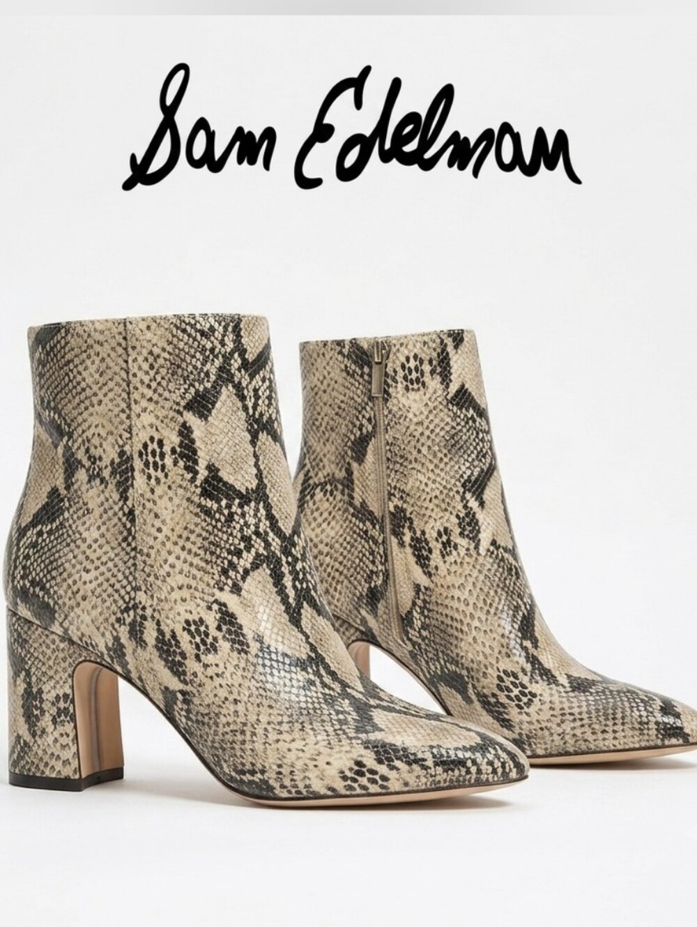 SAM EDELMAN Hilty Pointed Toe blk beige snakeskin pattern leather ankle boots 7M
